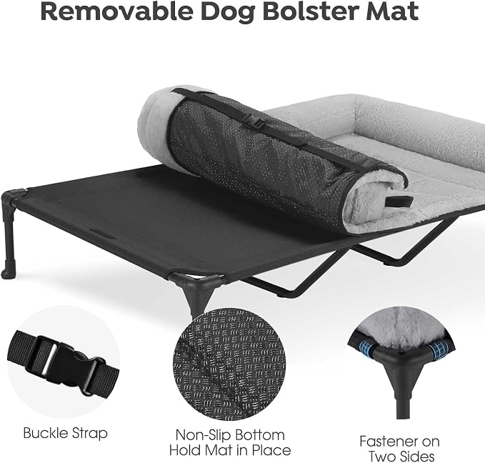 Veehoo Elevated Dog Beds Large Sized Dog with Fluffy Plush Bolster Cushion | Orthopedic Raised Dog Beds for Indoor Outdoor, Soft Pet Sofa Cot with Removable Washable Mat, No-Slip Feet, 59" x 37", Grey