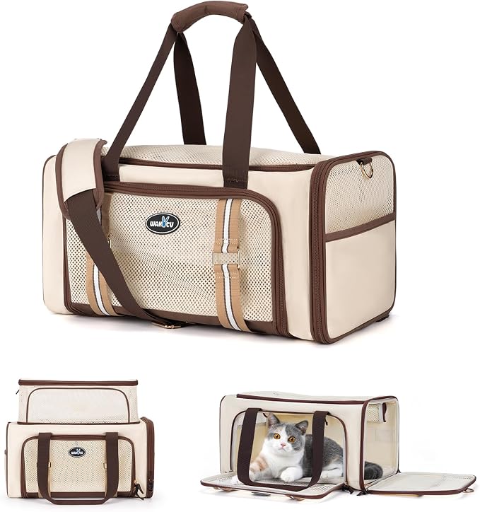 Wakytu Expandable Pet Carrier for Cats and Dogs, Airline Approved Cat Carrier, Large Travel Bag with Extra Large Foldable mat