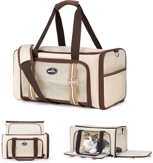 Wakytu Expandable Pet Carrier for Cats and Dogs, Airline Approved Cat Carrier, Large Travel Bag with Extra Large Foldable mat