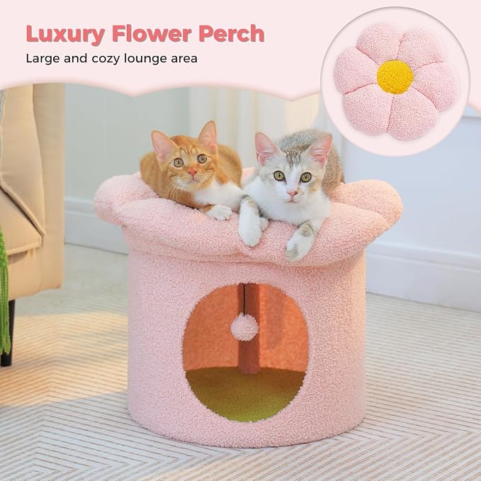 PETEPELA Cat Beds for Indoor Cats, Small Cute Cat Tree House with Removable Flower Cat Bed, Cat Hideaway, Indoor Cat House Condo, Cat Accessories, 20X20X16 Inches, Pink