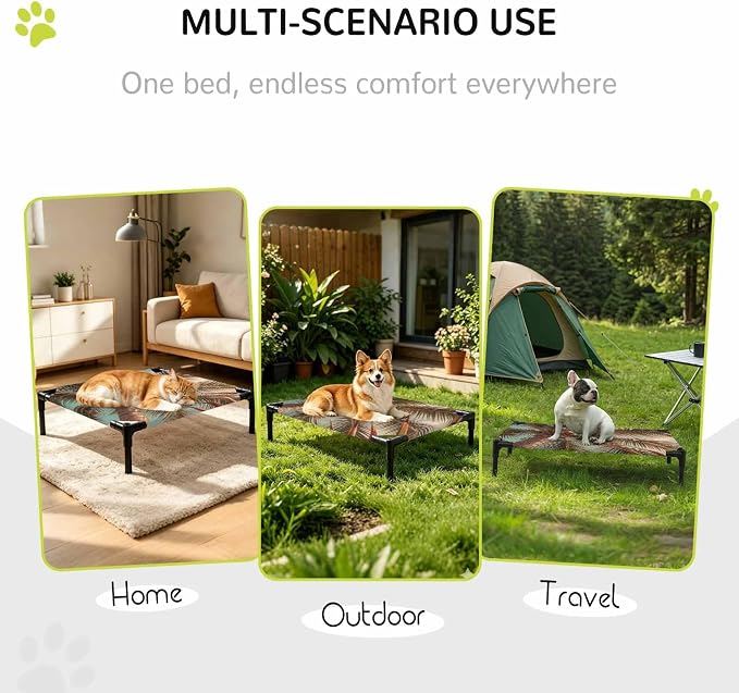Outdoor Elevated Dog Bed for Large Dogs, Summer Palm Tree Breathable Cooling Raised Dog Cot for Indoor/Outdoor, Tropical Plants Botanical Trees Waterproof Elevated Pet Beds, L 28 x 22 in