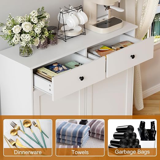 CABIHOME Double Tilt-Out Trash Cabinet with Drawers & Deodorizer | 20 gal farmhouse wooden dual bin trash and recycling cabinet. Dog proof hidden waste station for kitchen or laundry.