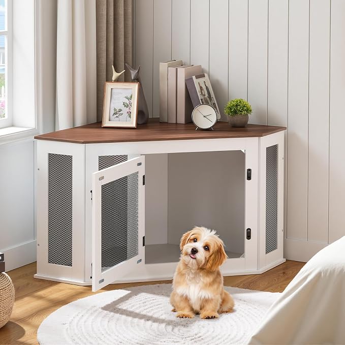 MAHANCRIS Corner Dog Crate Furniture, Wooden Dog Kennel End Table, Decorative Pet Crate Indoor Use, Furniture Style Dog House for Small Medium Dog, Dog Cage TV Stand, White and Walnut DCBA0801
