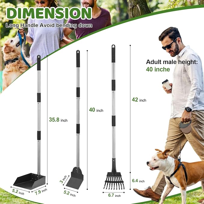Pooper Scooper, Dog Pooper Scooper Long Handle Stainless Metal Tray Shovel and Rake Set for Medium Small Dogs Heavy Duty， Use for Grass, Dirt or Gravel