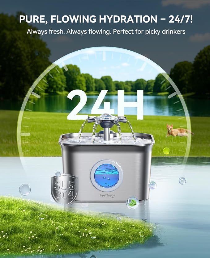 Stainless Steel Cat Water Fountain, 99oz/2.8L Auto Pet Drinking Fountain with 20dB Ultra-Quiet Pump- Ideal for Timid Pets, LED Water Level Window, Dishwasher Safe, 24/7 Circulating Flow - FEELNEEDY