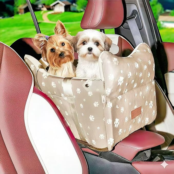 Dog Center Console Car Seat Up to 21 lbs, Khaki | Memory Foam Pet Booster Seat Portable Medium Dog Armrest Booster With Soft Cushion Safety Belt