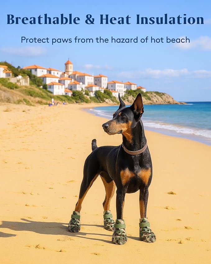 Dog Shoes for Hot Pavement, Breathable Dog Boots Paw Protectors with Adjustable Straps & Non-Slip Sole, Easy On & Off, Waterproof, Easy-Cleaning (Camouflage, XL)