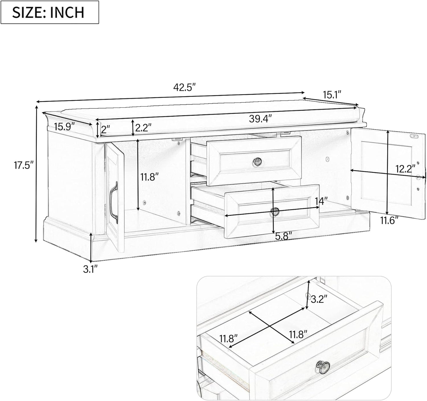 Shoe Storage Bench with 2 Drawers and 2 Cabinets, Pine Wood Shoe Bench with Removable Cushion for Living Room, Entryway 42.5" L x 15.9" W x 17.5" H (Gray Wash)
