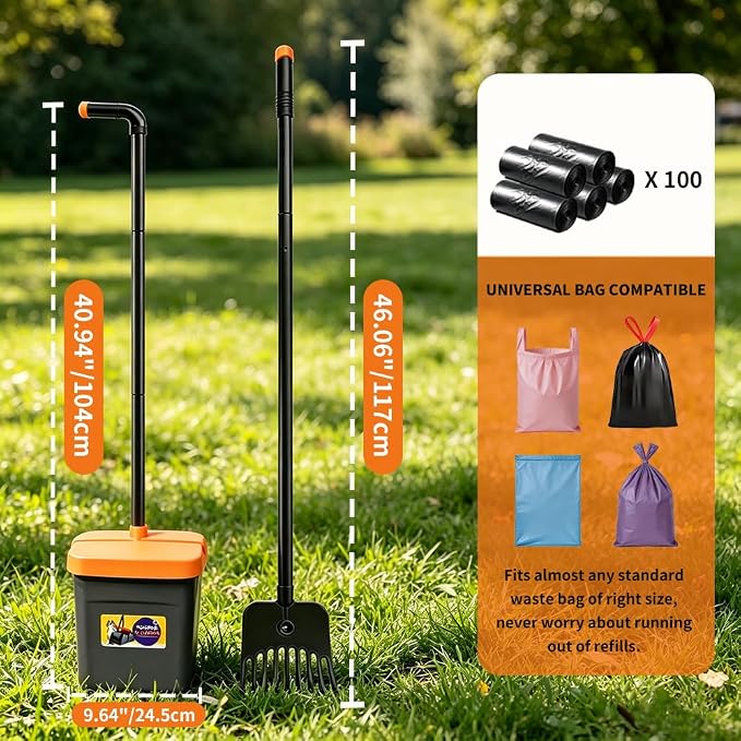Pooper Scooper, 46" Long Handle Heavy Duty Picker-Upper, Swivel Bin Rake Kit with Bag Attachment, 100 Waste Bags for Small Large Dogs Puppy Poop Trash Litter Cleanup Yard Outdoor Pet Essentials