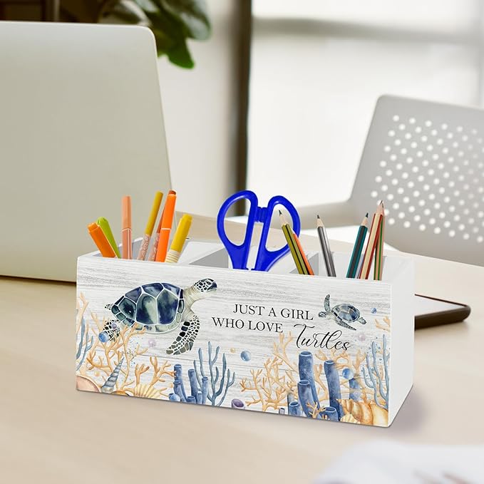 Coastal Beach Sea Turtle Pen Pencil Holder Organizer for Desk Accessories, Sea Turtle Gifts for Women Wooden Box Sign Desk Decor for Home Office Decoration, Beach Office Decor