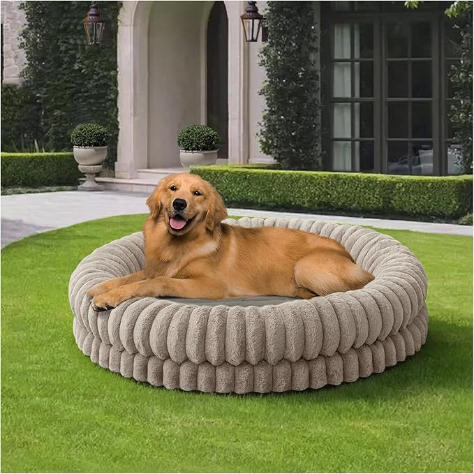 BALANCE Luxury Donut Dog Bed, 43 Inches Round Dog Beds Large Sized Dogs Washable, Orthopedic Calming Dogs Bed for Pets with Anti-Slip Bottom, Oatmeal