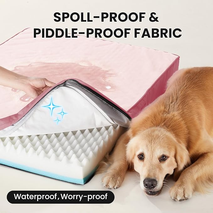 OhGeni Orthopedic Waterproof Dog Bed for Large Dogs, Machine-Washable Removable Cover in Easy-Clean Fabric, Reversible Memory Foam & Easy-Carry Handle, Suitable for Crate, 41 inch (Pink)