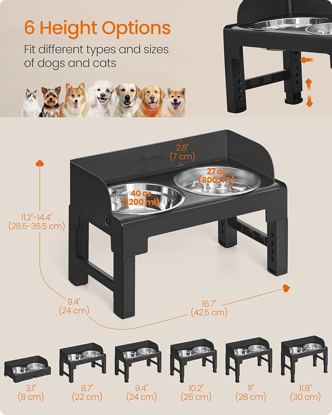 Feandrea Dog Bowls Elevated, Adjustable Height, Tilted Design | Raised Stand, 1 Slow Feeder, Two 304 Stainless Steel Bowls, Ink Black, BOXAL Collection UPRB104B101