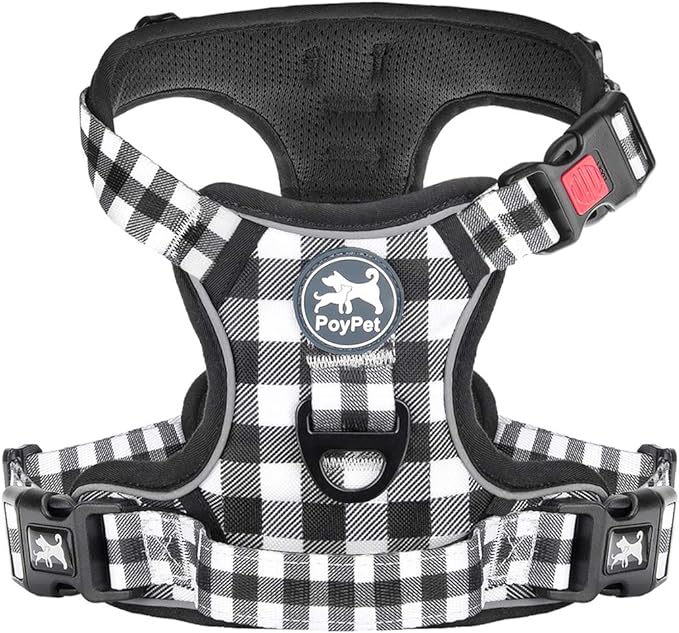 PoyPet Plaid Dog Harness Small, No Pull Vest with Front Clip & Neck Buckle | Padded Handle, Reflective, No Choke, Lockable, 2 Leash Rings, Full Adjustable, for Training Walking, S, Grid