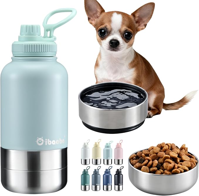 Cibaabo Insulated Dog Water Bottle with 2 Bowls, 32oz Travel Stainless Steel Double Wall Thermos, Portable Pet Dispenser, Gifts for Puppy Small Medium Dogs Walking Hiking and Camping