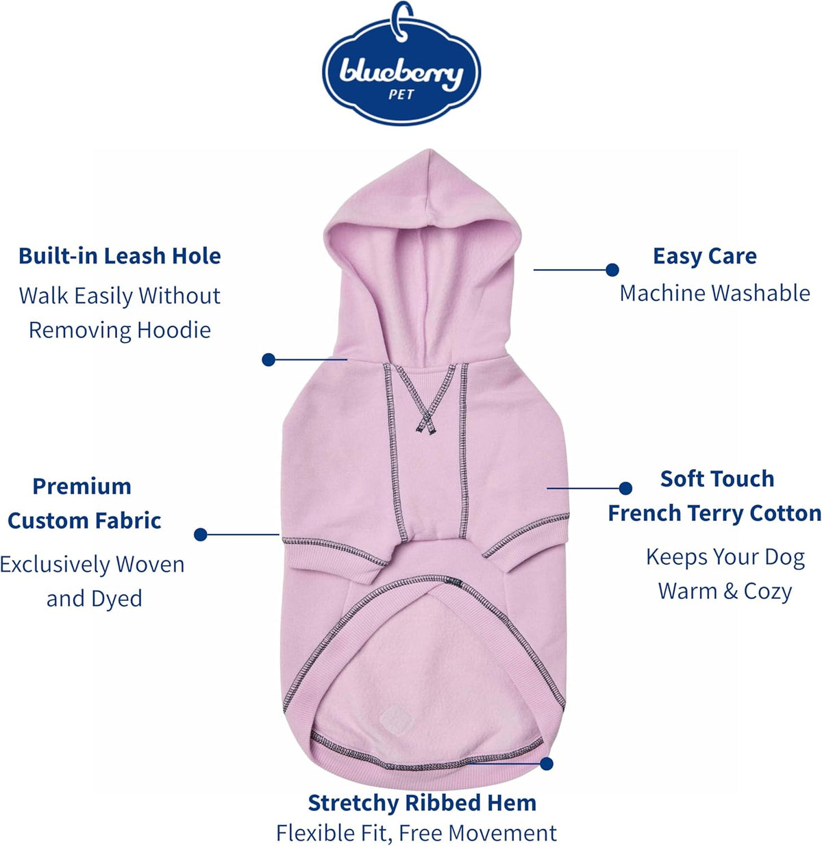 Blueberry Pet Essentials Dog Hoodie – 16 inch, Cotton‑Blend Sweatshirt with Hood, Pink Lilac, Machine‑Washable Small‑Dog Jersey