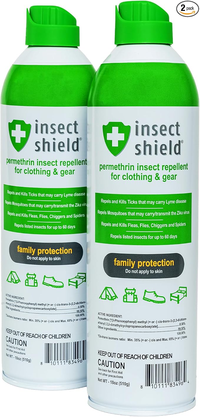 Insect Shield Premium Permethrin Spray - Tick, Flea, Fly, Mosquito, Chigger, Spider & Bed Bug Repellent for Clothing, Gear, Furniture, & Tents, Lasts up to 60 Days, Clear, 18 Oz Aerosol, Pack of 2