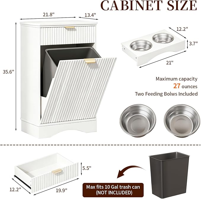 Dog Feeding Station,Dog Food Storage Cabinet,Pet Feeding Station with 2 Elevated Bowls,Hidden Pet Feeder Station with Hooks (Tilt-Out Dog Feeding Station-White)