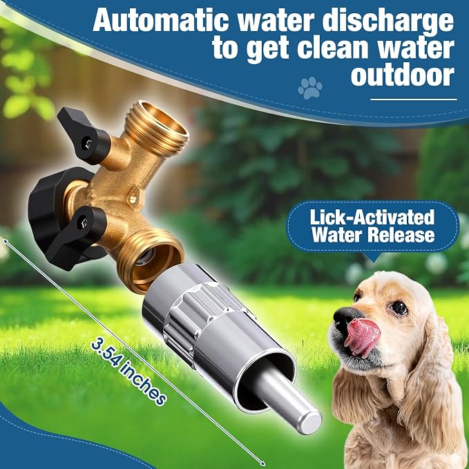 Realspring 3/4" Automatic Dog Water Dispenser with 2 Way Hose Splitter, Outdoor Dog Water Fountain Hose Spigot Attachment, Fits Garden Faucet for Large Dogs & Livestock, Anti-Leak Tape Included