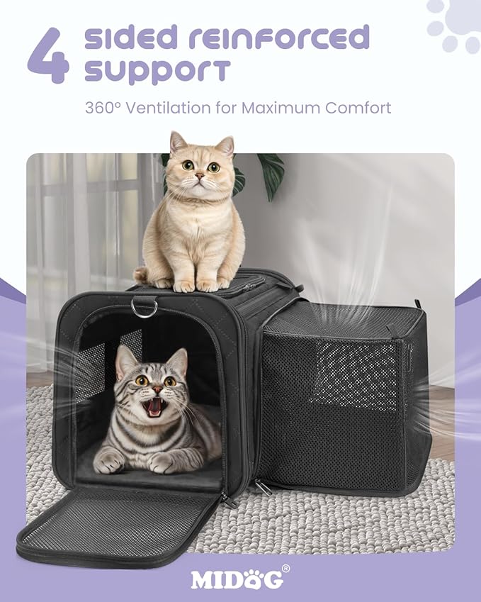 MIDOG Cat Carrier Soft for Small-Medium Cats Up to 15lbs, Airline Approved | Expandable Square Design,Comfort & Breathable Window,Equipped with anti-slip lock zippers and an internal safety leash