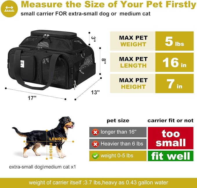 pidipiti 17x13x8 Frontier Allegiant Breeze Airline Approved top Expandable pet Carrier for Extra-Small Dog/Small cat up to 5 lbs(All Black)