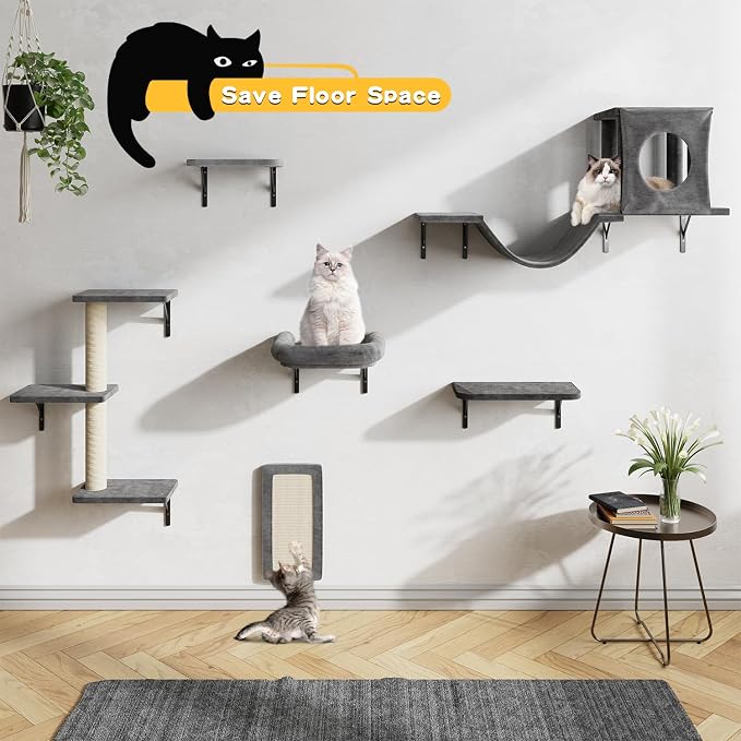 12-in-1 Cat Wall Shelves, Wall Mounted Cat Climber with Condo House, Scratching Post, Bridge Ladder, Space-Saving Indoor Play Furniture for Kittens, Dark Gray