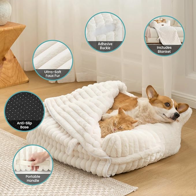 COZY KISS Cute Cat Bed with Removable Cover, Multifunctional Plush Faux Fur Pet Couch Bed with Blanket, Ultra-Soft Pet Furniture for Cats & Small Dogs (Cream, S: 25''x18'')
