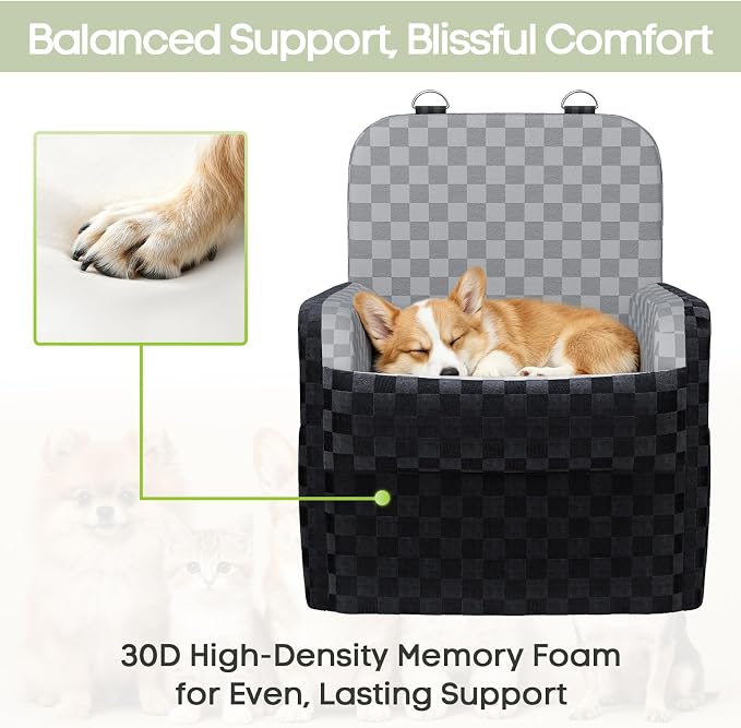 Waterproof Dog Booster Car Seat for Small Medium Dogs up to 26 lbs | 6-Inch Elevated Memory Foam CarSeat, Detachable Washable Cover, Y-Shape Safety Belt, Storage Pockets, Fits in Front/Back Seat