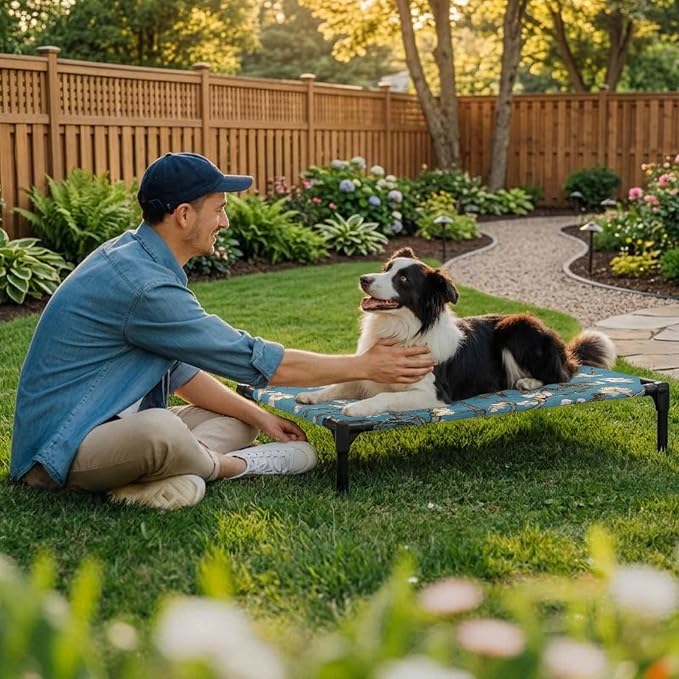Outdoor Elevated Dog Bed for Large Dogs, Flowers Branches Breathable Cooling Raised Dog Cot for Indoor/Outdoor, Farmhouse Turquoise Sky Moon Tree Waterproof Elevated Pet Beds, L 28 x 22 in