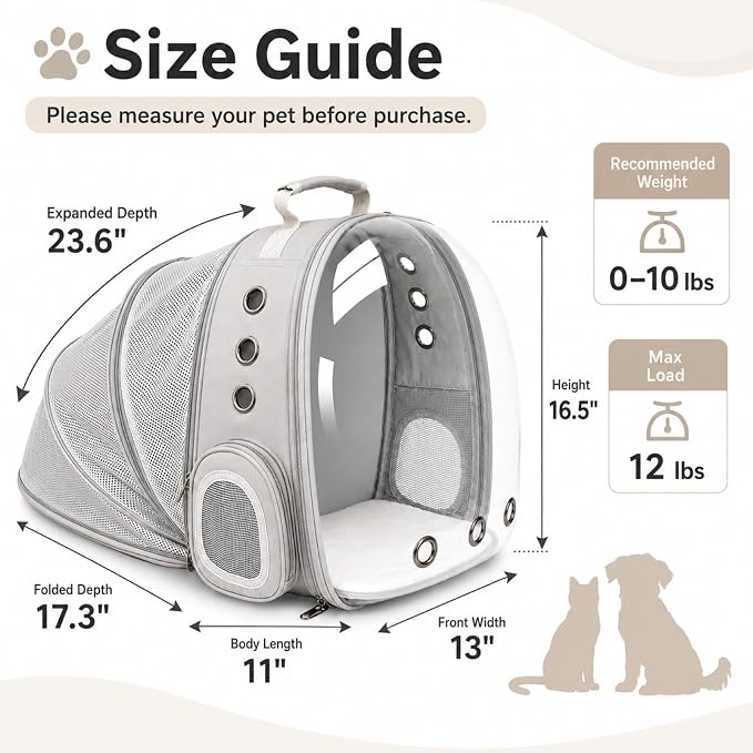 Expandable Cat Carrier Backpack for Cats & Dogs, Bubble Window Pet Travel Backpack with Breathable Mesh, Anti-Collapse Structure, Side Door, Safety Leash, for Vet Visits, Hiking, Outdoor, Grey