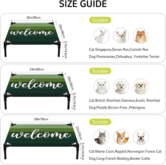 Outdoor Elevated Dog Bed for Small Dogs, Green Wooden Grain Breathable Cooling Raised Dog Cot for Indoor/Outdoor, Ombre Farmhouse Country Wood Plank Waterproof Elevated Pet Beds, S 20 x 20 in