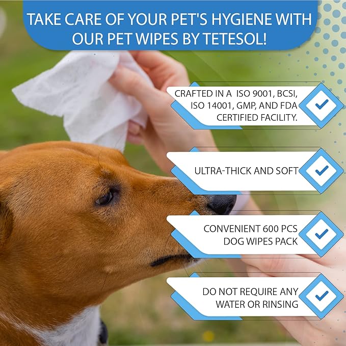Tetesol Dog Wipes for Dogs Cats, 600 Count All Purpose Cleaning Pet Wipes, Dog Ear Wipes, Quick Easy Grooming for Bums, Body, Paws, Eyes, for A Easy & Speedy Freshen-Up, 6 Travel Pack of 600 Wipes
