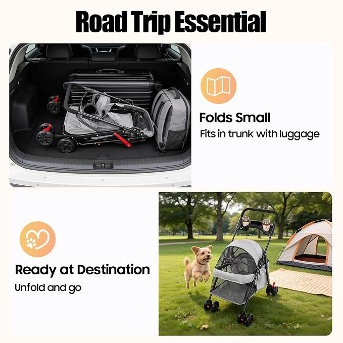 Pet Stroller for Small Medium Dogs Cats, Lightweight Foldable Pet Wagon with 360° Front Wheels & Brake, 40 lbs Capacity Carrier for Park Travel Shopping, Breathable Mesh Basket (Light Gray)