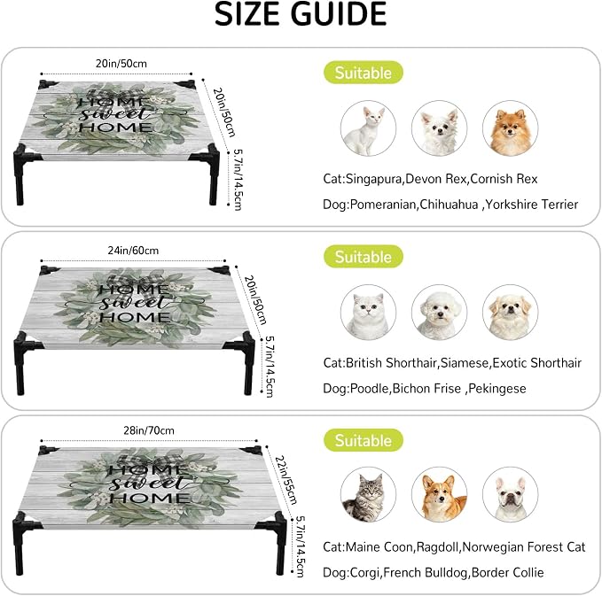 Outdoor Elevated Dog Bed for Large Dogs, Farmhouse Leaves Breathable Cooling Raised Dog Cot for Indoor/Outdoor, Florals Country Vintage Gray Wood Waterproof Elevated Pet Beds, L 28 x 22 in