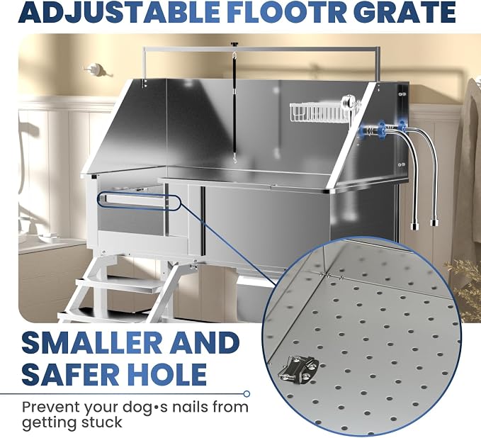 46" Dog Wash Station, 304 Stainless Steel, Side Stair, 440 lb | Storage Drawer, pet grooming tub, hot cold faucet, fixed sprayer, shampoo dispenser, S-trap, hair filter, garage outdoor use