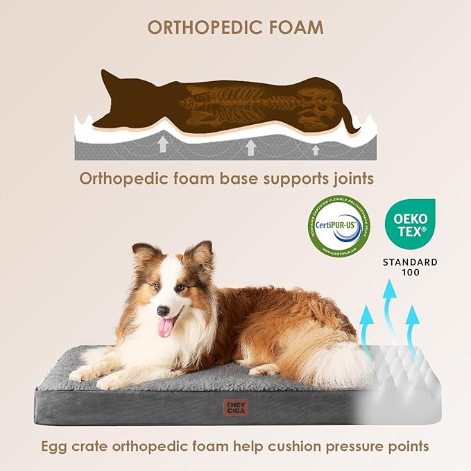 EHEYCIGA Orthopedic Dog Bed with Removable Washable Cover, Grey, 30x20 | Egg Crate Foam Support, Durable Oxford fabric, Non-Slip Bottom, Machine Washable, Soft Waterproof Plush Pet Bed Mat For Crate
