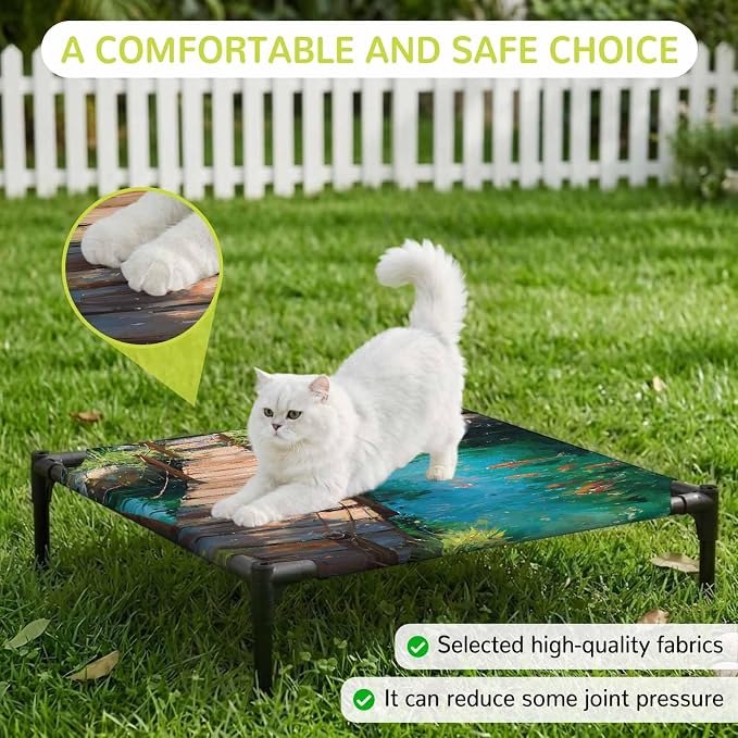 Outdoor Elevated Dog Bed for Small Dogs, Wooden Bridge Pond Breathable Cooling Raised Dog Cot for Indoor/Outdoor, Spring Floral Fish Waterproof Elevated Pet Beds, S 20 x 20 in
