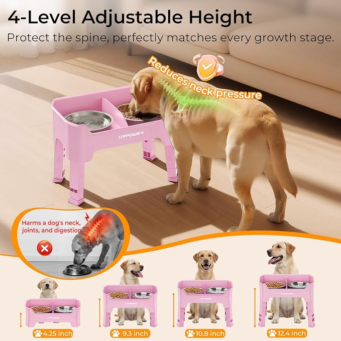 URPOWER Mess Proof Elevated Dog Bowls, Splash Guard Raised Bowl Stand | 4 Adjustable Heights, 2 Stainless Steel Bowls, Food & Water Separation, Foldable Design Non-Slip for Small Medium Large Dogs
