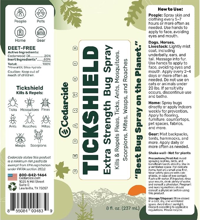 Cedarcide Extra- Strength Tickshield | Deep Woods Cedar Oil Tick & Mosquito Repellent Spray Kills & Repels Ticks, Fleas, Chiggers and Mosquitoes| for People & Pets | Natural Essential Oils | 4 Oz