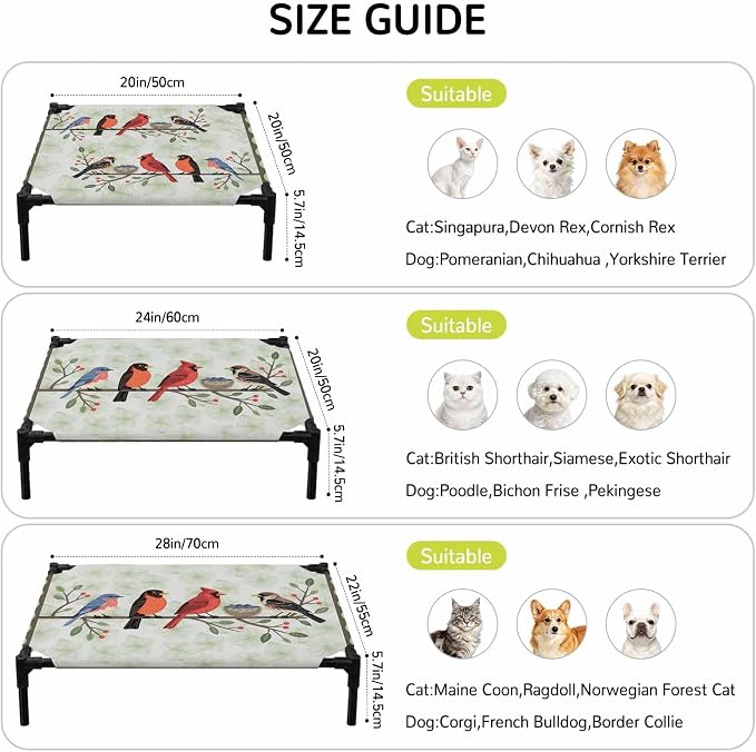 Outdoor Elevated Dog Bed for Small Dogs, Rustic Cardinal Bird Breathable Cooling Raised Dog Cot for Indoor/Outdoor, Green Leaves Branches Country Berries Waterproof Elevated Pet Beds, S 20 x 20 in