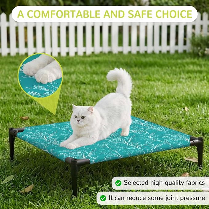 Outdoor Elevated Dog Bed for Small Dogs, Teal Botanical Breathable Cooling Raised Dog Cot for Indoor/Outdoor, Vintage Floral Plants Branch Waterproof Elevated Pet Beds, S 20 x 20 in