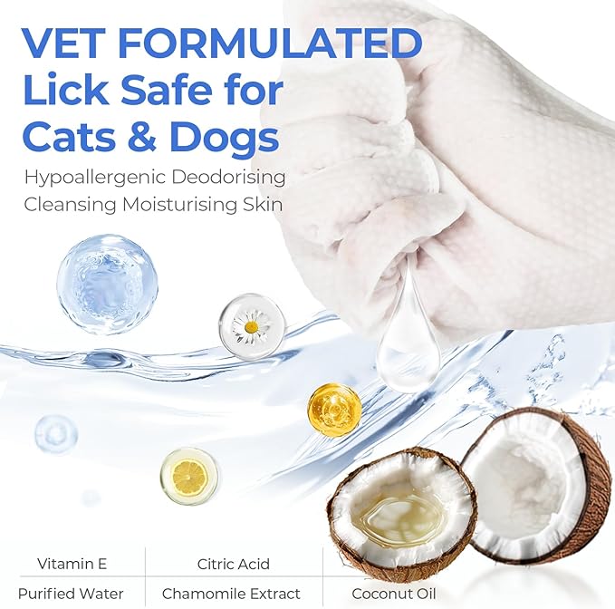 PUPMATE Pet Cleaning Glove Wipes for Dogs & Cats, Hypoallergenic Deodorizing Disposable No-Rinse Grooming Wipes, Wipes, Perfect for Pet Dry Cleaning, Daily Care and Travel, Coconut Scent, 8 pcs