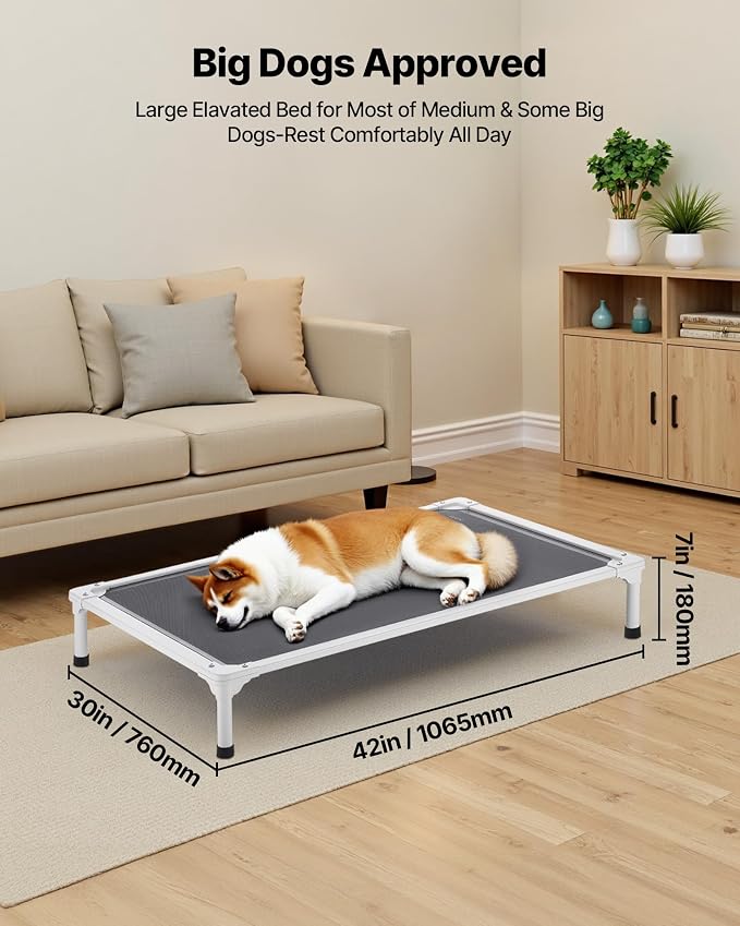 VEVOR Chew Proof Elevated Dog Bed, Portable Raised Dog Cot with Aluminum Tube Metal Frame and Breathable Textilene Mesh, Indoor & Outdoor Pet Cooling Raised Hammock Bed, L, Gray