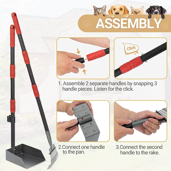Dog Pooper Scooper, Dog Poop Tray and Rake Set with Long Stainless Handles | Pet Waste Removal Scoop with Adjustable Sectional Handles