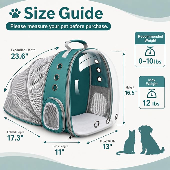 Expandable Cat Carrier Backpack for Cats & Dogs, Bubble Window Pet Travel Backpack with Breathable Mesh, Anti-Collapse Structure, Side Door, Safety Leash, for Vet Visits, Hiking, Outdoor, Green