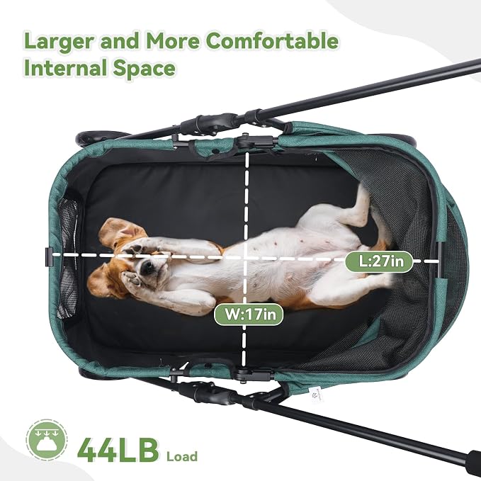 20% Larger Capacity, Wedyvko Dog Stroller for Medium/Small Pets w/Dog Poop Bags & Dispenser, Storage Pouch, Zipperless, Entry in/Out Easy (Dark Green)