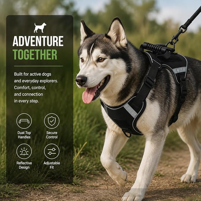 No Pull Tactical Dog Harness with Handles and Loop Panel,Tactical Dog Vest with Molle System, Adjustable Reflective Pet Vest for Walking Hiking Training Black XL