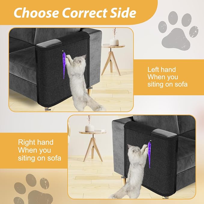 Cat Scratch Couch Protector,Cat Scratch Sofa Armrest Cover with Sisal Mat and Toy for Cats,Sofa Scratcher Furniture Protector 23.6’’L*19.7’’W (Black/Right Hand)