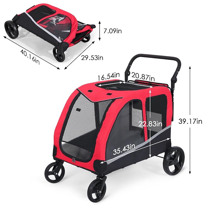 Saudism Dog Stroller for Large & Medium Dogs (up to 160lbs), Pet Stroller for 2 Small Dogs, Extra Large Heavy Duty, Dog Wagon Foldable & Adjustable Handle with Pocket, Red