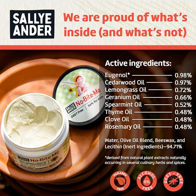 SALLYEANDER No Bite Me Natural Bug & Insect Repellent Lotion - DEET-Free Anti-Itch Cream - Safe for Kids, Infants & Adults - Repels Mosquitoes, Black Flies, Fleas & Ticks - Made in USA, 2oz